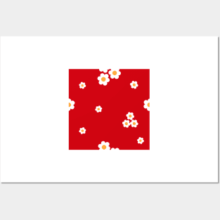 Simple White flowers (Chamomile) repeat pattern in red background Posters and Art